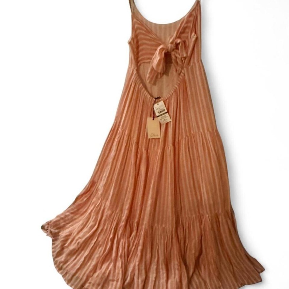 Elan Womens Coral Stripe Tiered Midi Dress Tie Back Cutout Large NEW - Picture 3 of 6